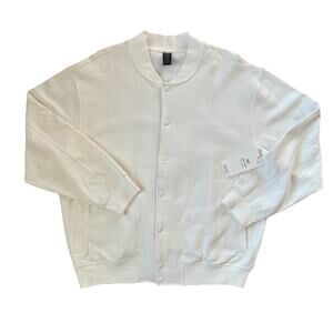 Cory Vines Mens Bomber Jacket Sweatshirt Size Lg Off White Fleece Varsity Style